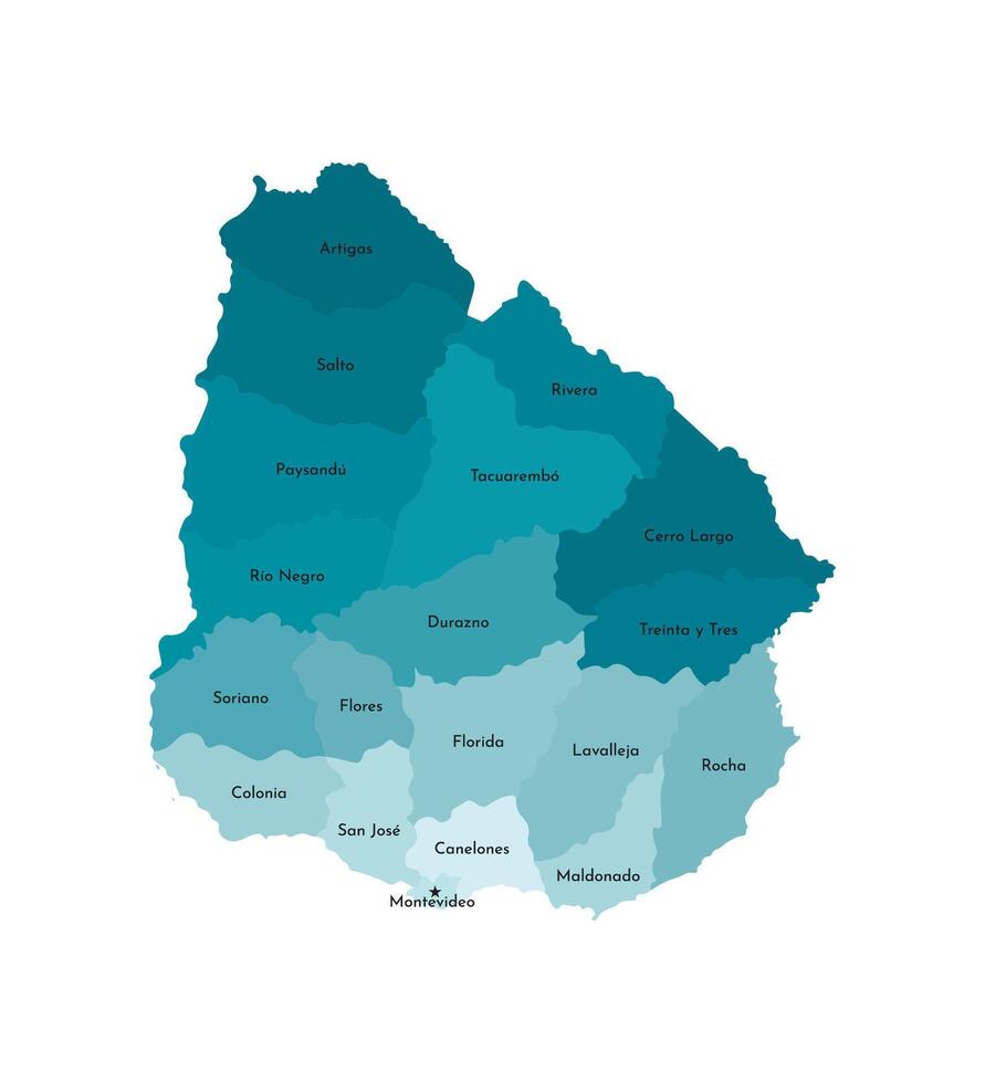 vector aislado ilustración de simplificado administrativo mapa de Uruguay. fronteras y nombres de el departamentos, regiones. vistoso azul caqui siluetas