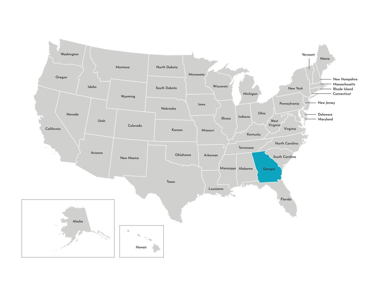 Vector isolated illustration of simplified administrative map of the USA. Borders of the states with names. Blue silhouette of Georgia, state.