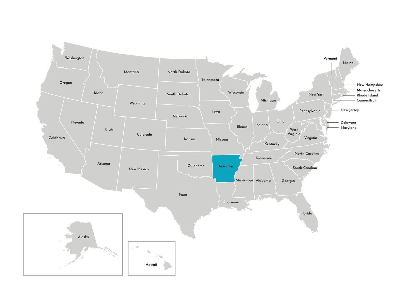 Vector isolated illustration of simplified administrative map of the USA. Borders of the states with names. Blue silhouette of Arkansas, state.