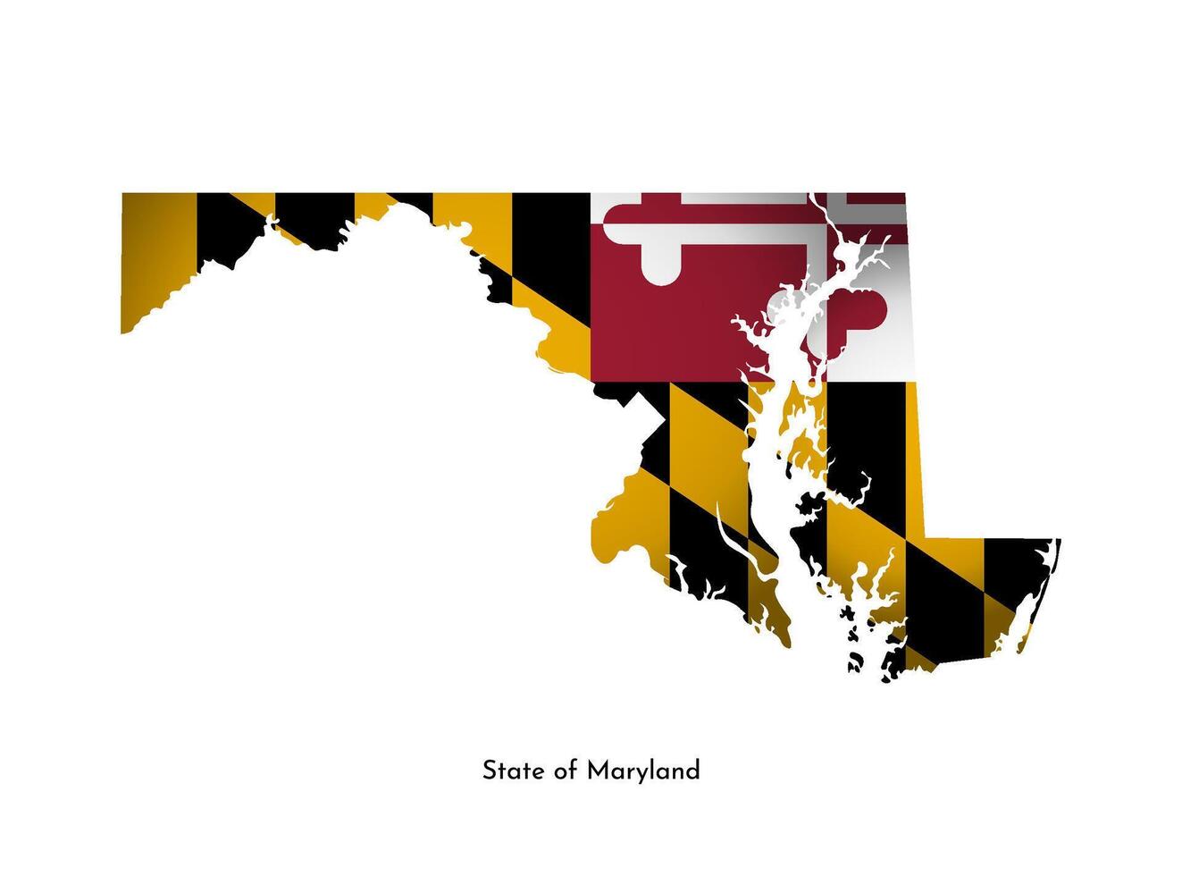 Vector isolated illustration with flag and simplified map of Maryland, State of USA. Volume shadow on the map. White background