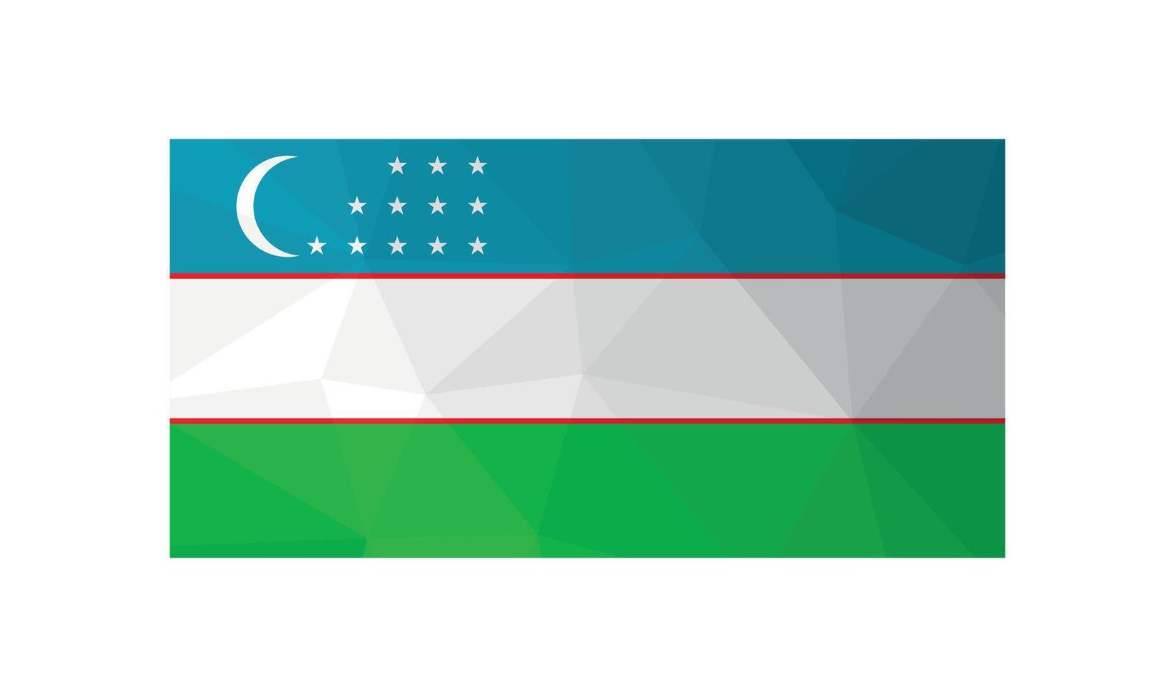 Vector illustration. Official ensign of Uzbekistan. National flag with blue, white, green stripes and crescent moon, stars. Low poly style with triangular shapes