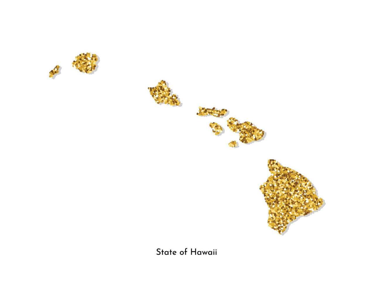 Vector isolated illustration with simplified map of State of Hawaii, USA. Shiny gold glitter texture. Decoration template.