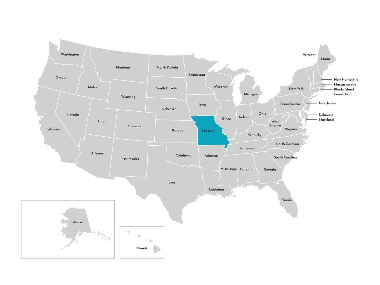 vector aislado ilustración de simplificado administrativo mapa de el EE.UU. fronteras de el estados con nombres azul silueta de Misuri, estado.