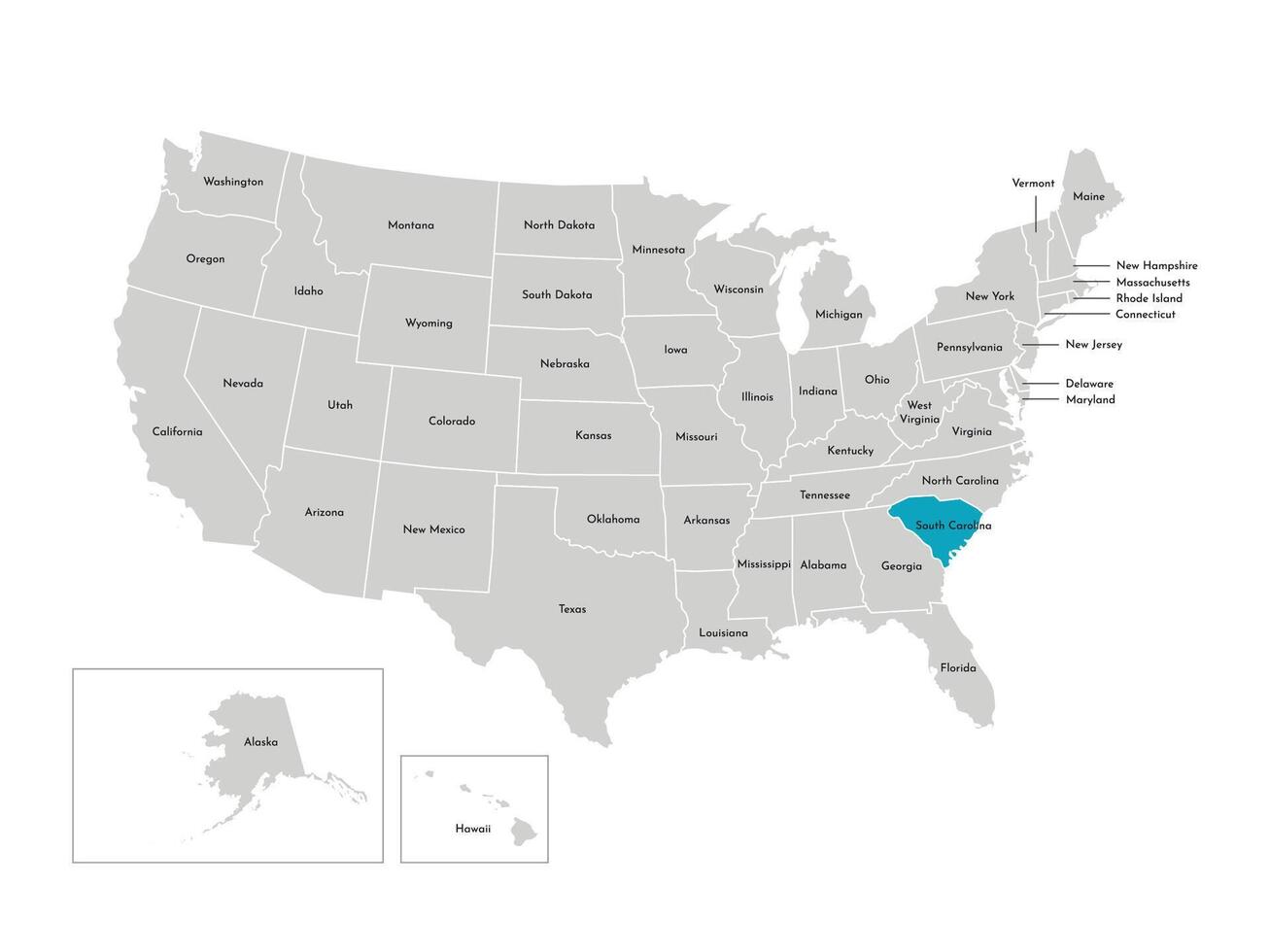 vector aislado ilustración de simplificado administrativo mapa de el EE.UU. fronteras de el estados con nombres azul silueta de sur carolina, estado.