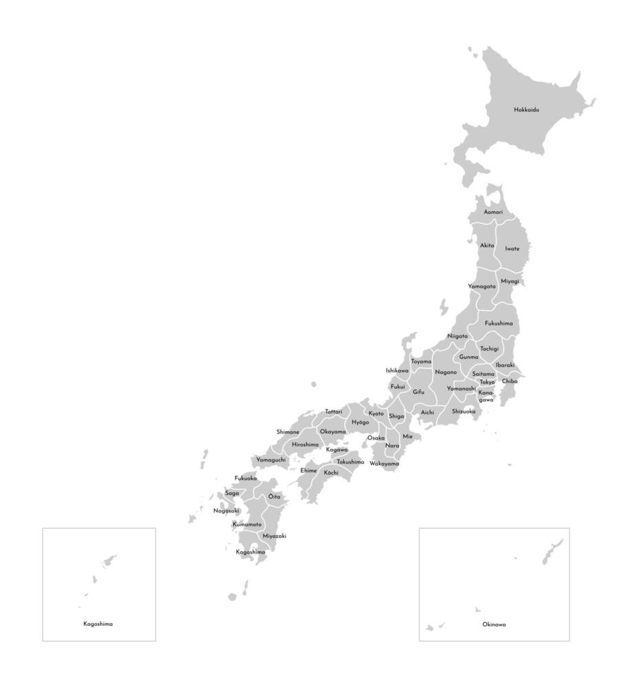 Vector isolated illustration of simplified administrative map of Japan. Borders and names of the prefectures, regions. Grey silhouettes. White outline.