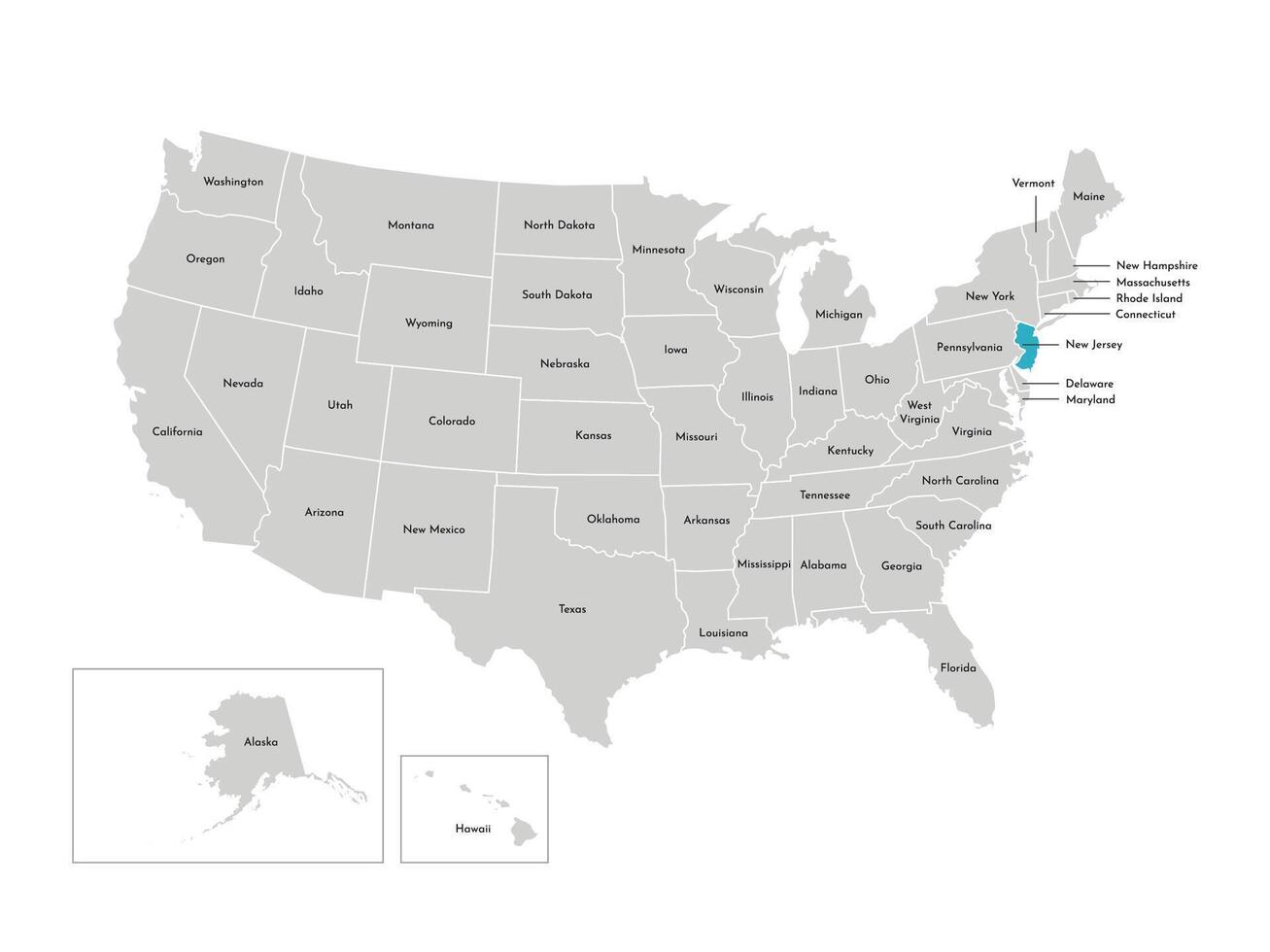 Vector isolated illustration of simplified administrative map of the USA. Borders of the states with names. Blue silhouette of New Jersey, state.