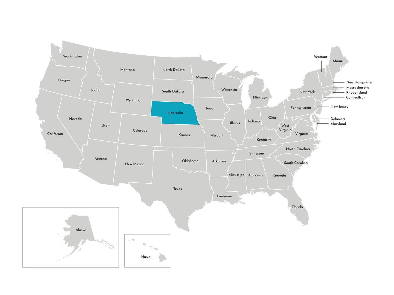 Vector isolated illustration of simplified administrative map of the USA. Borders of the states with names. Blue silhouette of Nebraska, state.
