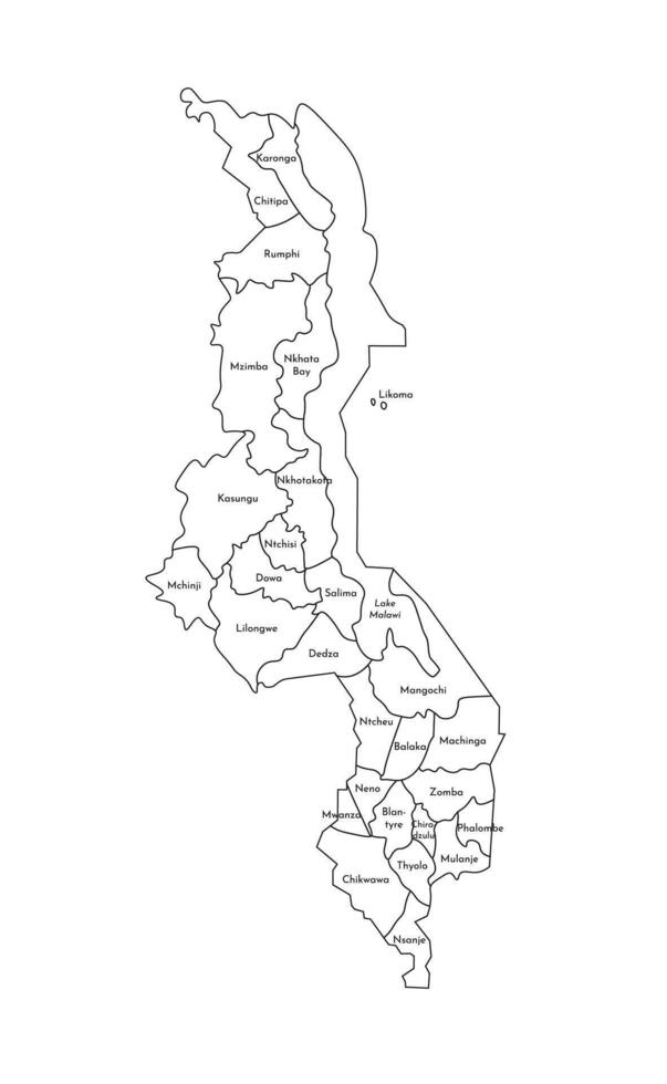 Vector isolated illustration of simplified administrative map of Malawi. Borders and names of the districts, regions. Black line silhouettes.