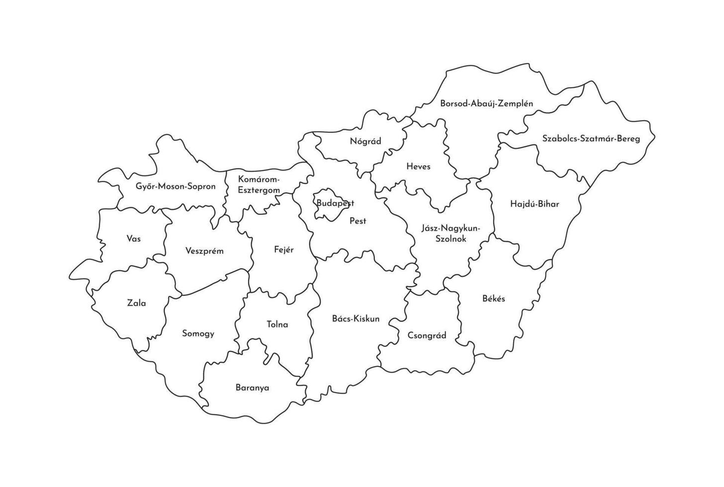 vector aislado ilustración de simplificado administrativo mapa de Hungría. fronteras y nombres de el regiones. negro línea siluetas