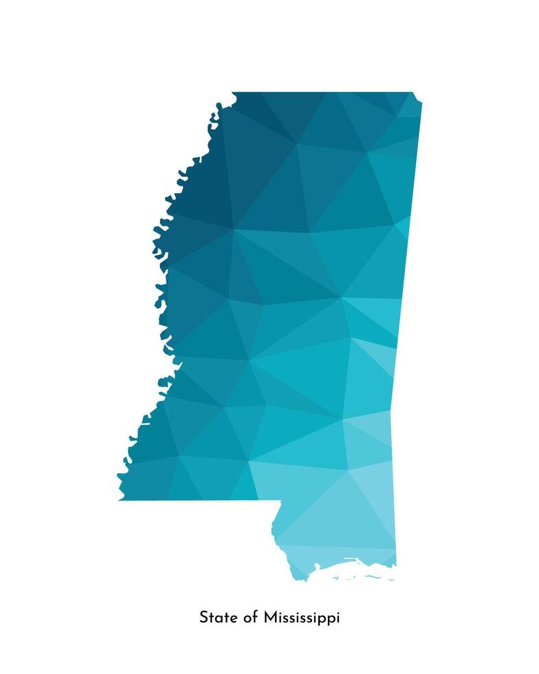 Vector isolated illustration icon with simplified blue map silhouette of State of Mississippi, USA. Polygonal geometric style. White background.