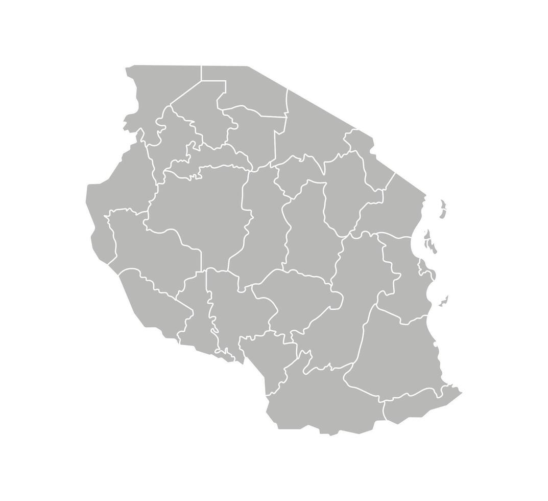 Vector isolated illustration of simplified administrative map of Tanzania. Borders of the regions. Grey silhouettes. White outline.