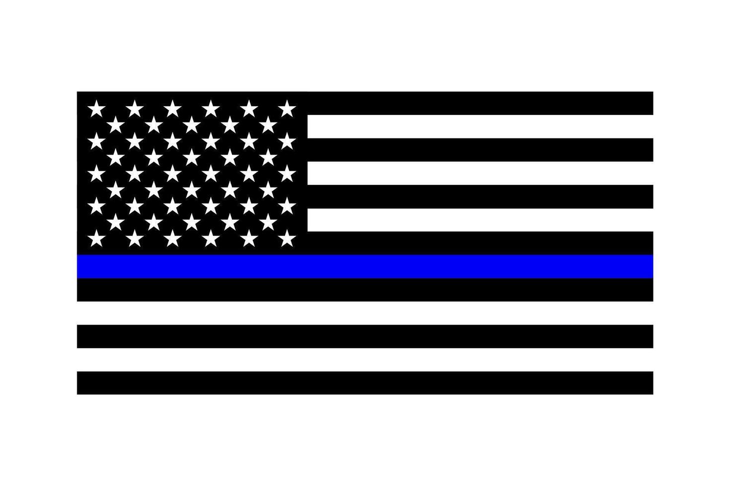 Vector isolated flat illustration. USA flag with Stars and Stripes. National American Flag in black and white colors and thin blue line. Police Support Symbol