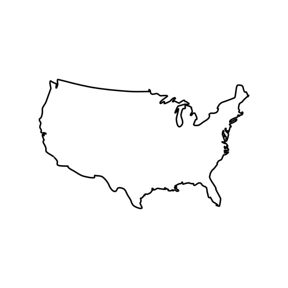 Vector isolated simplified illustration icon with black line silhouette of United States of America, USA map. White background