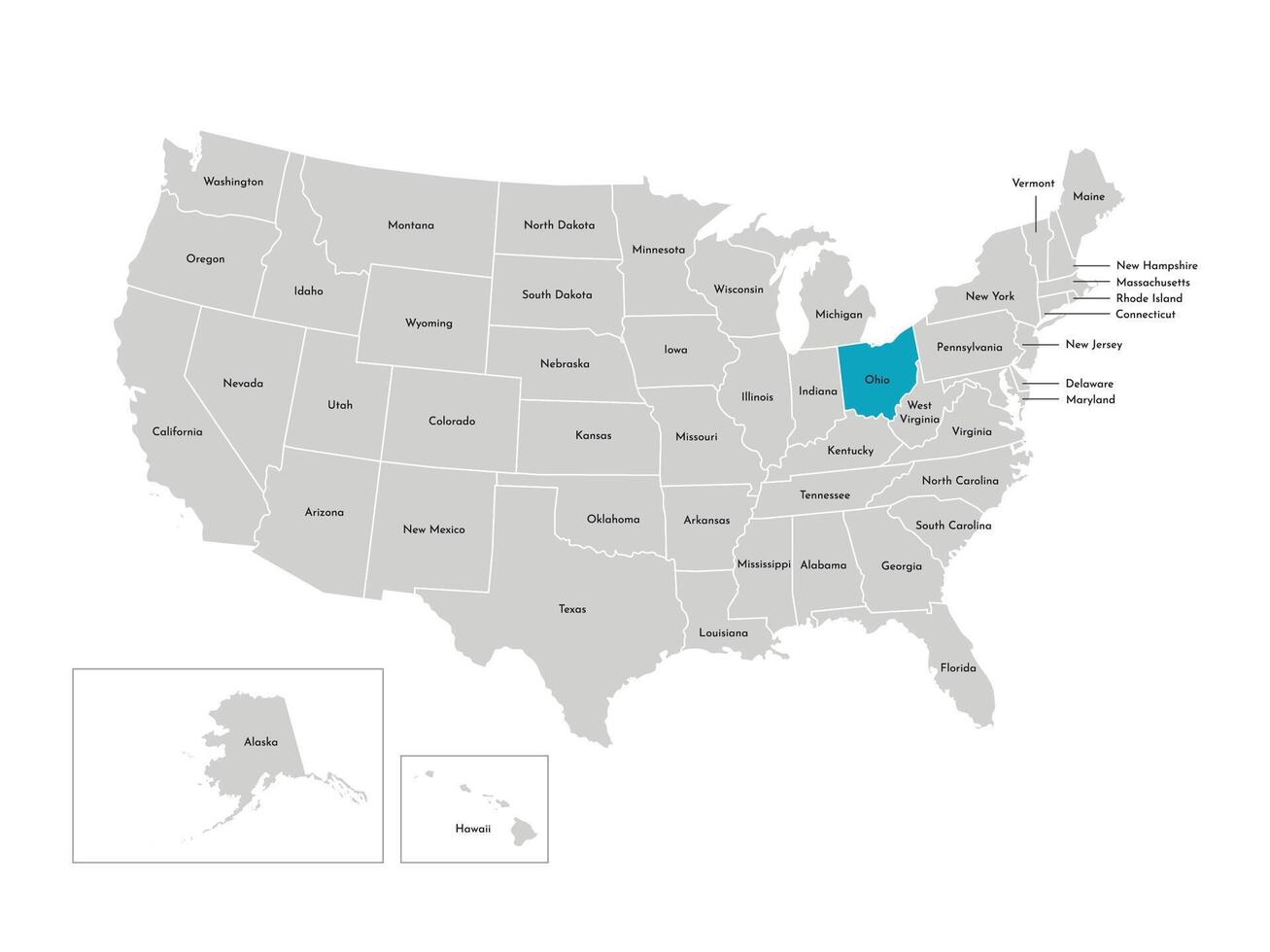 Vector isolated illustration of simplified administrative map of the USA. Borders of the states with names. Blue silhouette of Ohio, state.
