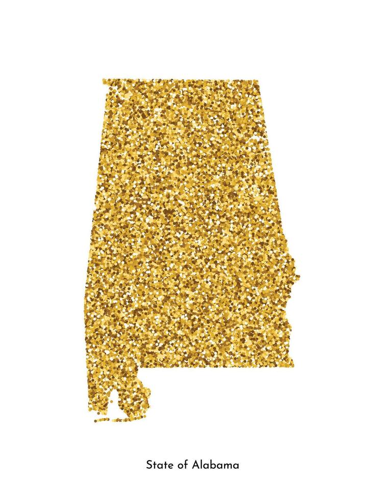 Vector isolated illustration with simplified map of State of Alabama, USA. Shiny gold glitter texture. Decoration template.