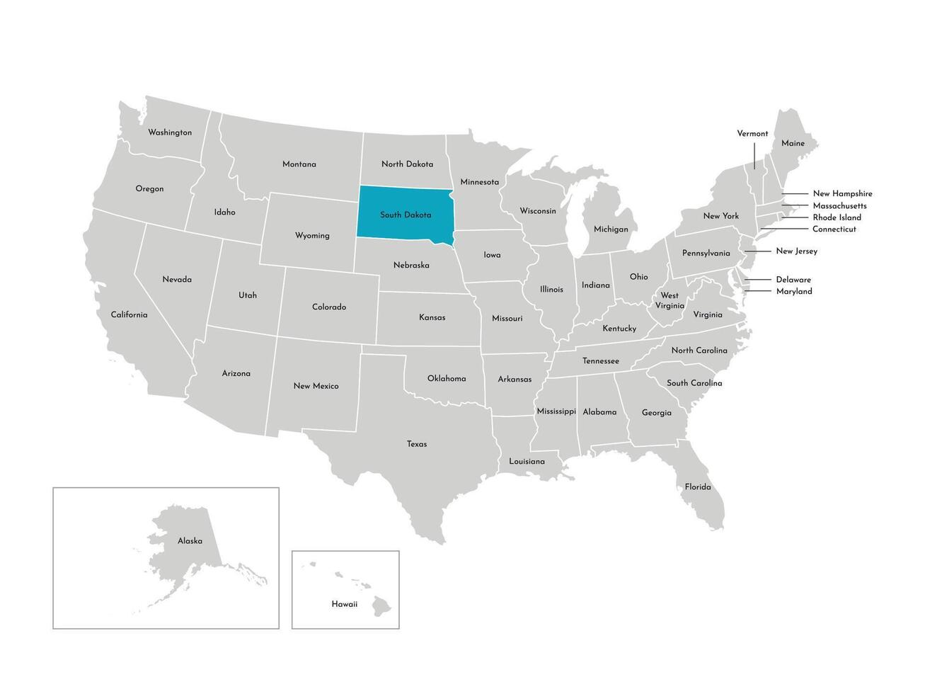 Vector isolated illustration of simplified administrative map of the USA. Borders of the states with names. Blue silhouette of South Dakota, state.