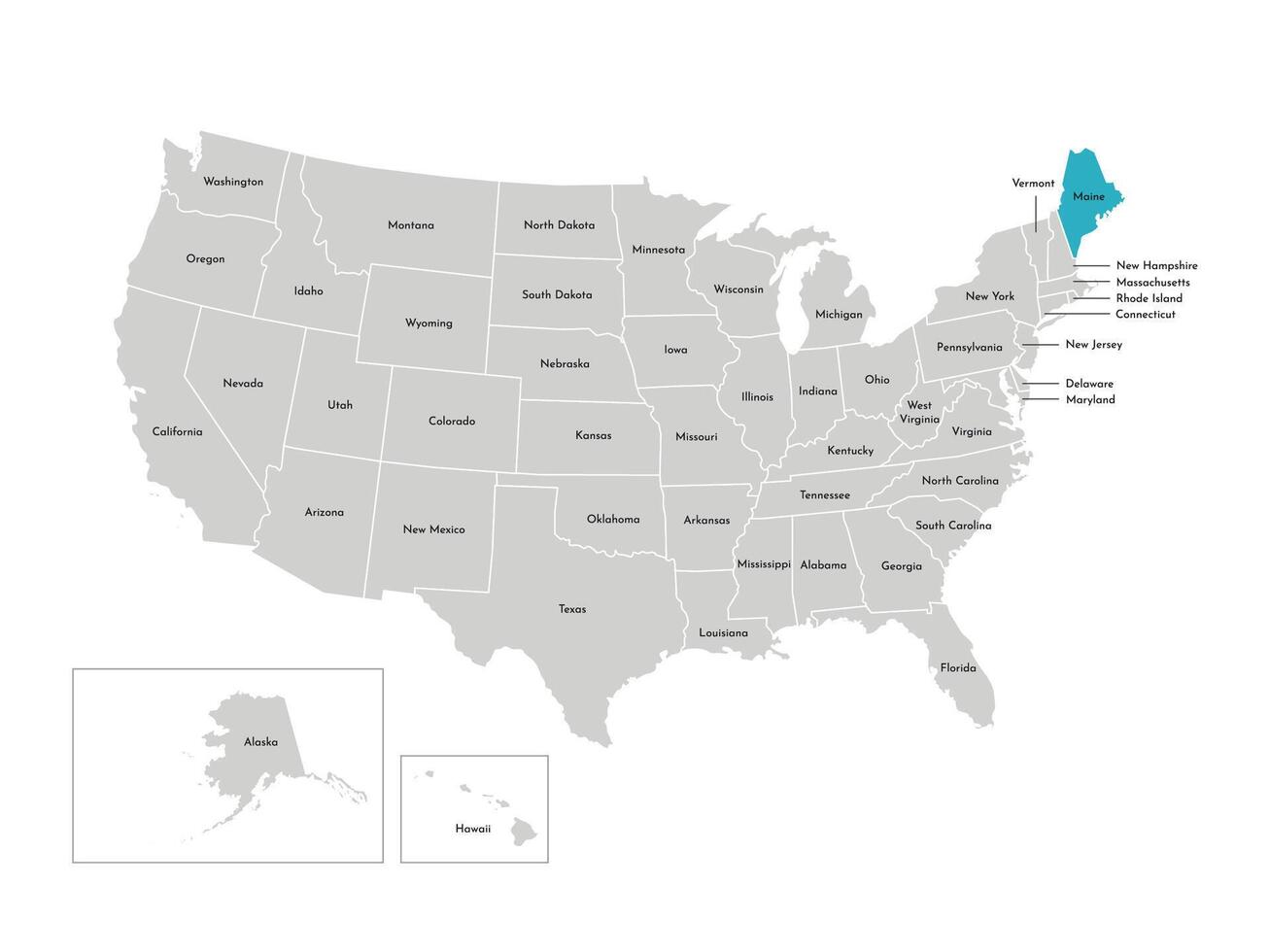 vector aislado ilustración de simplificado administrativo mapa de el EE.UU. fronteras de el estados con nombres azul silueta de Maine, estado.