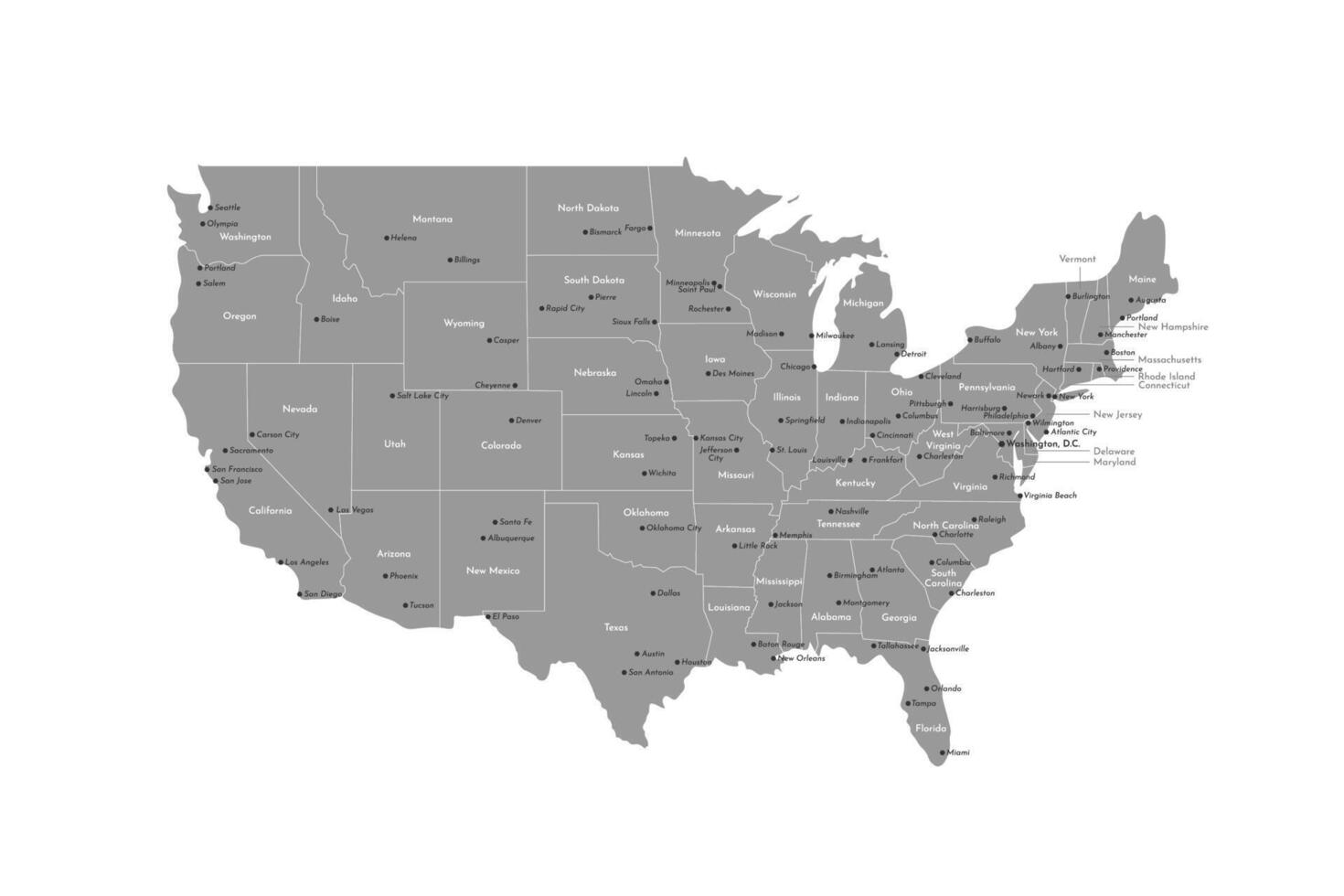 Vector isolated illustration. Simplified administrative map of USA, only contiguous states. Names of states and some big and capital american cities. White background and outline of map, grey shapes