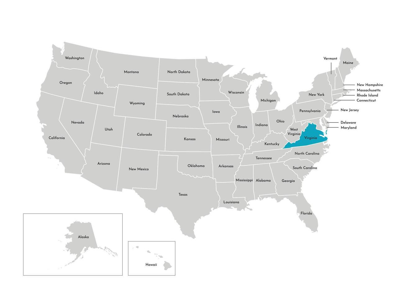 Vector isolated illustration of simplified administrative map of the USA. Borders of the states with names. Blue silhouette of Virginia, state.
