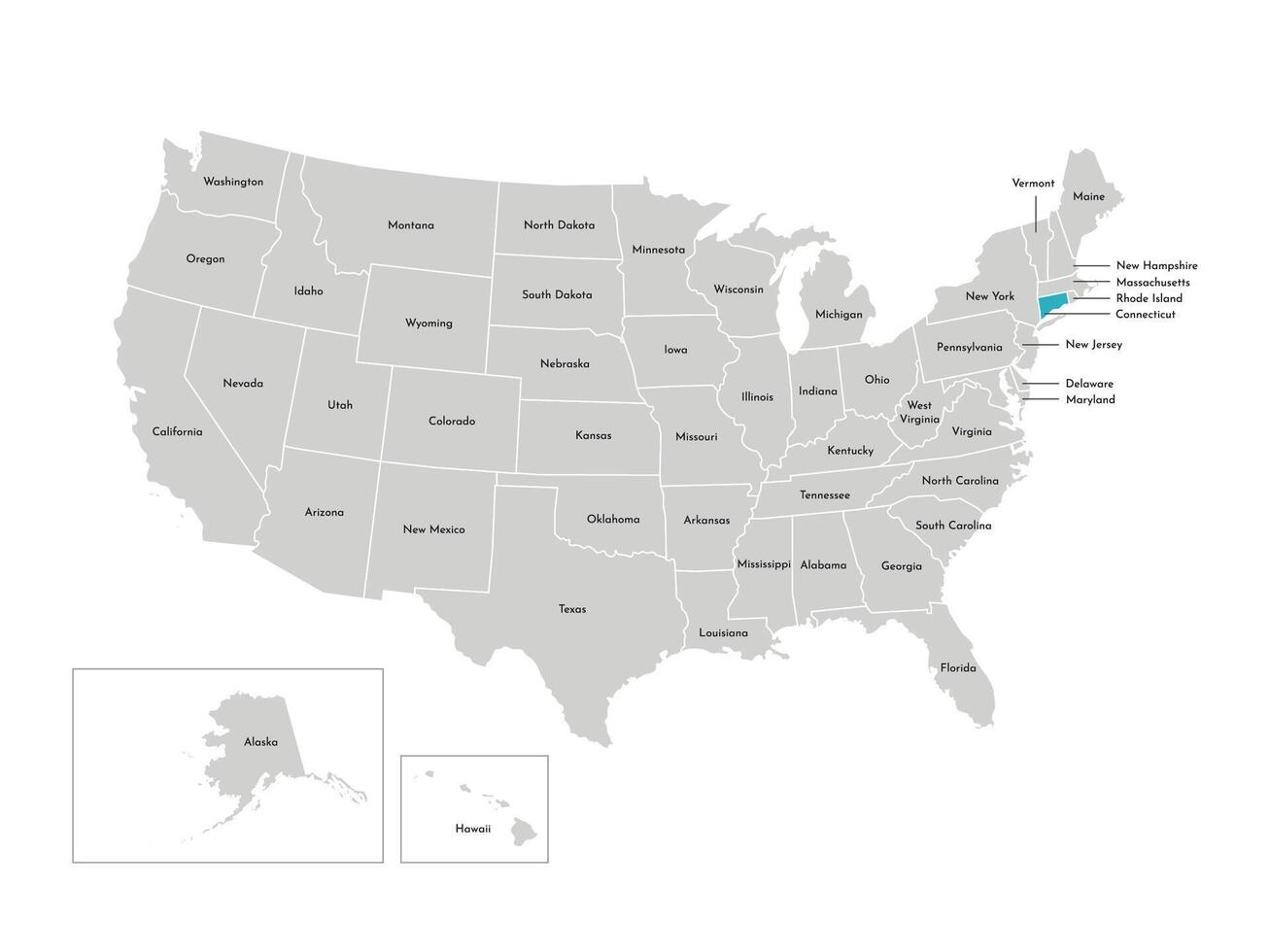 vector aislado ilustración de simplificado administrativo mapa de el EE.UU. fronteras de el estados con nombres azul silueta de Connecticut, estado.