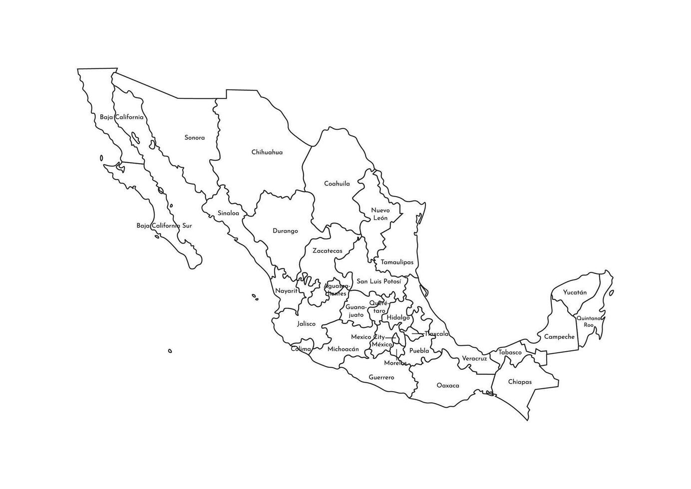 Vector isolated illustration of simplified administrative map of Mexico, United Mexican States. Borders and names of the regions. Black line silhouettes.