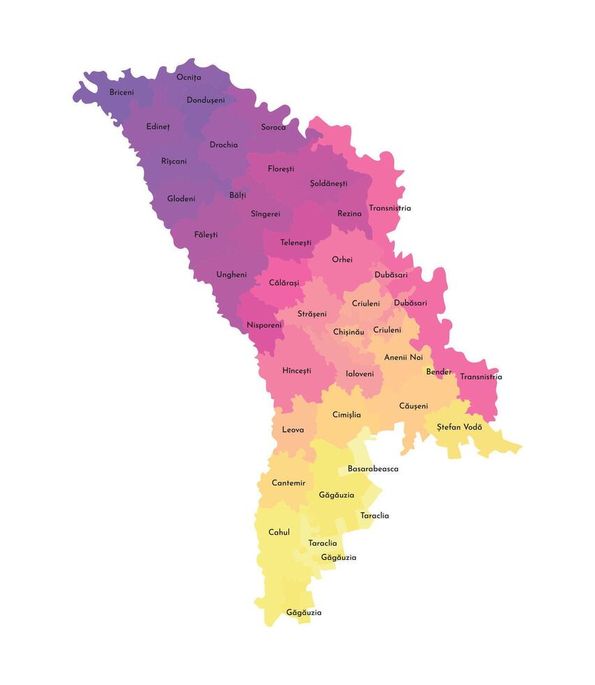 Vector isolated illustration of simplified administrative map of Moldova. Borders and names of the districts. Multi colored silhouettes.