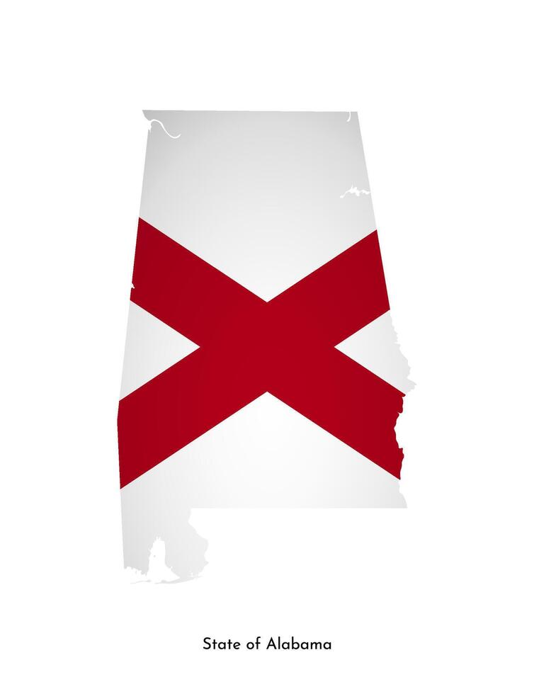 Vector isolated illustration with flag and simplified map of Alabama, State of USA. Volume shadow on the map. White background