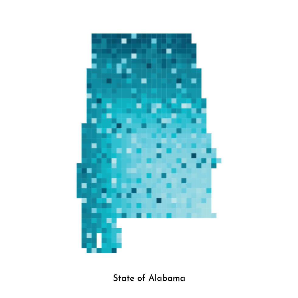 Vector isolated geometric illustration with icy blue area of USA, State of Alabama map. Pixel art style for NFT template. Simple logo with gradient texture