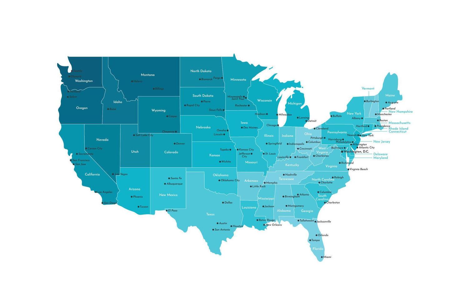 Vector modern illustration. Simplified isolated administrative map of USA, only contiguous states. White background, blue shapes. Names of states and some big and capital cities