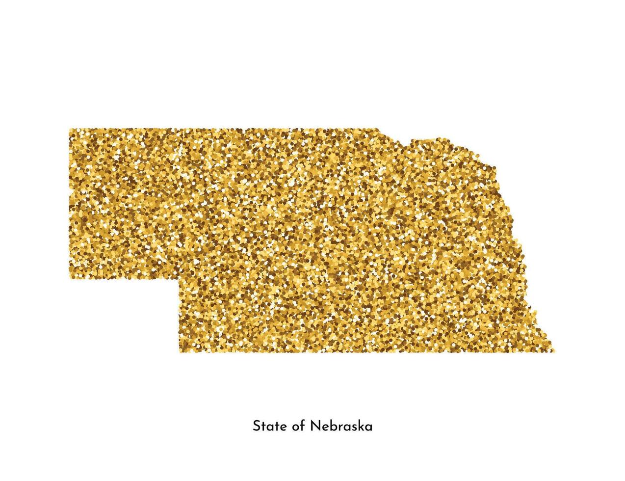 Vector isolated illustration with simplified map of State of Nebraska USA. Shiny gold glitter texture. Decoration template.