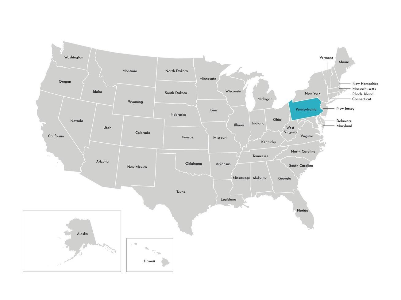 Vector isolated illustration of simplified administrative map of the USA. Borders of the states with names. Blue silhouette of Pennsylvania, state.