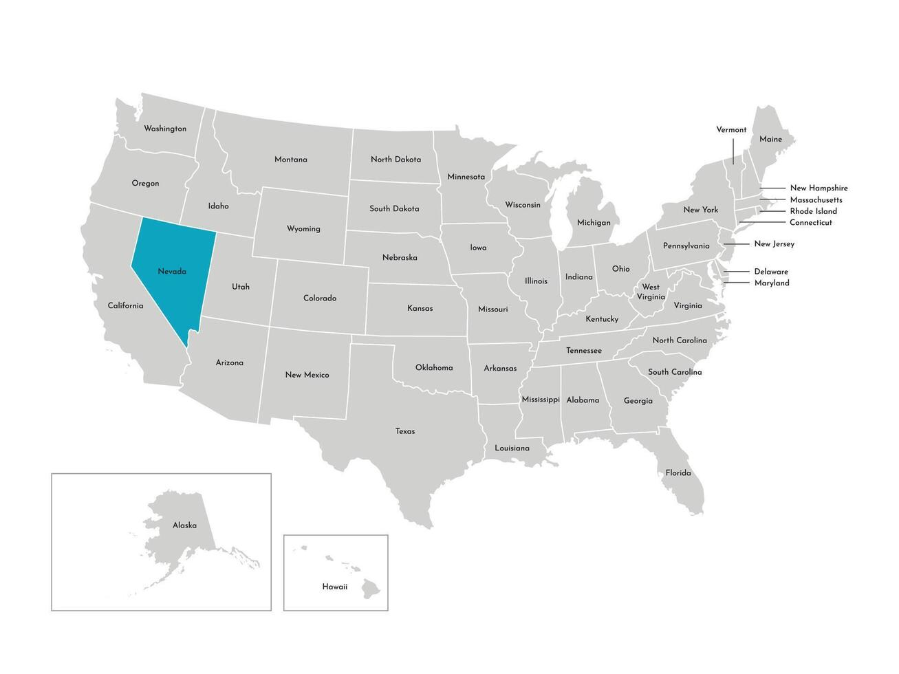 Vector isolated illustration of simplified administrative map of the USA. Borders of the states with names. Blue silhouette of Nevada, state.