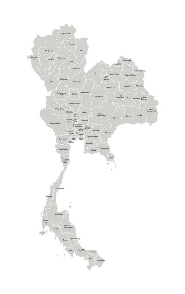 Vector isolated illustration of simplified administrative map of Thailand. Borders and names of the provinces, regions. Grey silhouettes. White outline.