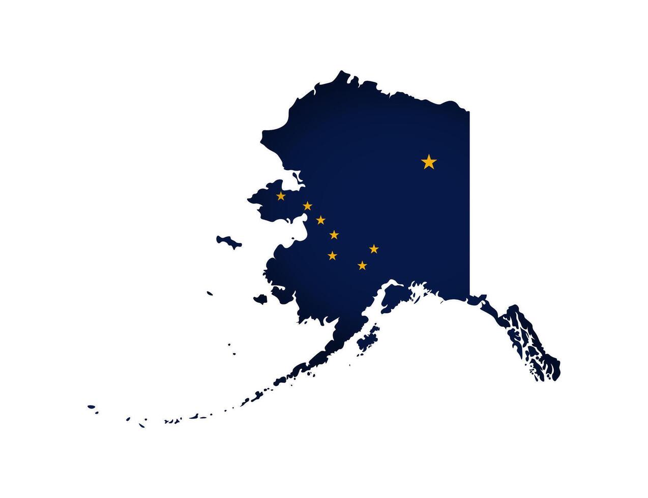 Vector isolated illustration with flag and simplified map of Alaska , State of USA. Volume shadow on the map. White background.