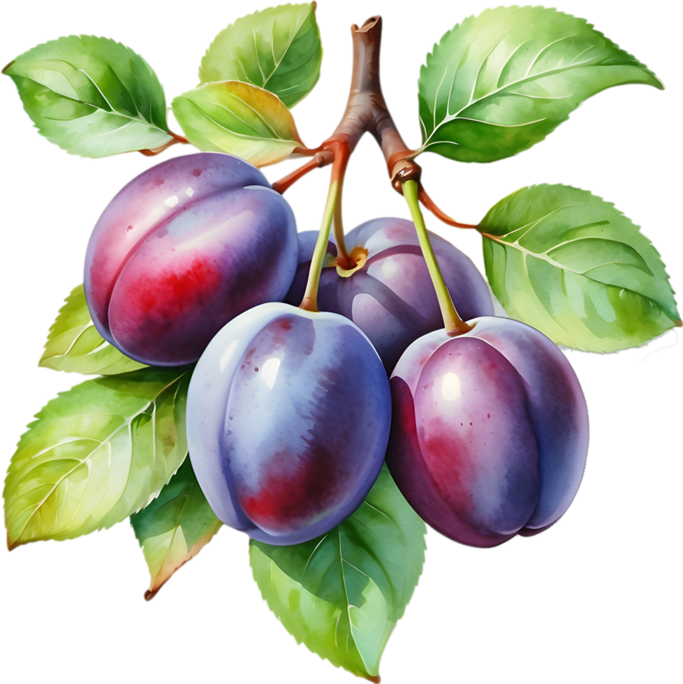 AI generated Watercolor painting of plum fruit with leaves. png