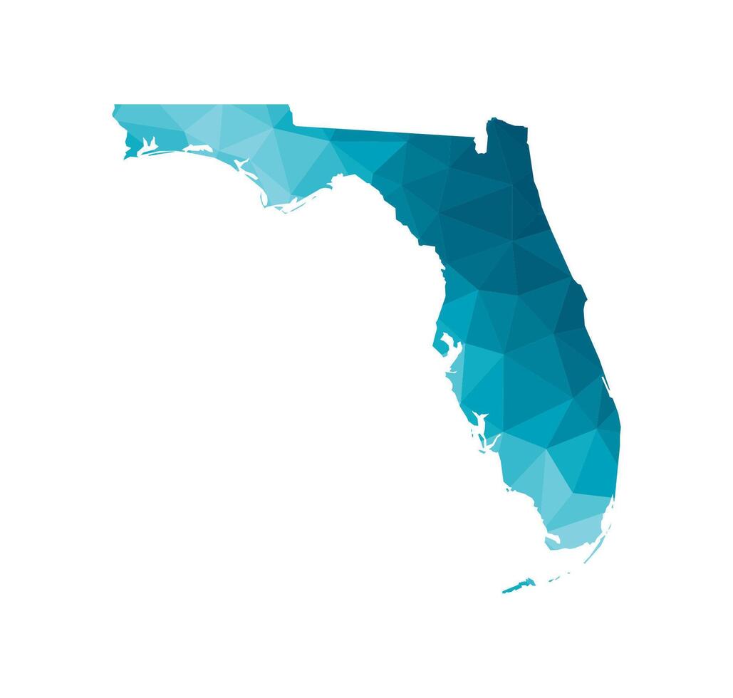 Vector isolated illustration icon with simplified blue map silhouette of State of Florida, USA. Polygonal geometric style. White background.