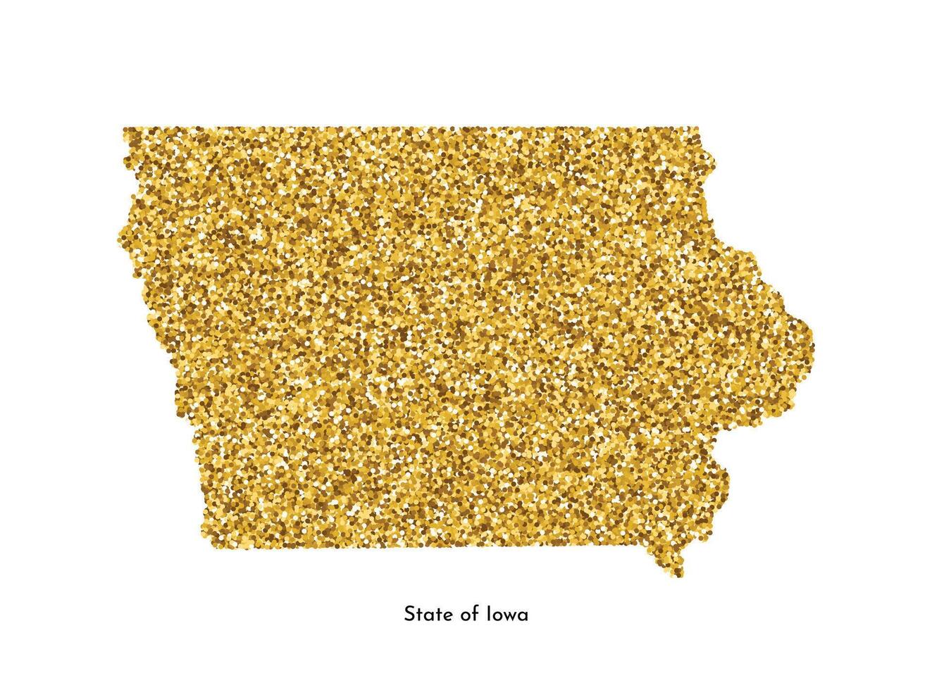 Vector isolated illustration with simplified map of State of Iowa, USA. Shiny gold glitter texture. Decoration template.