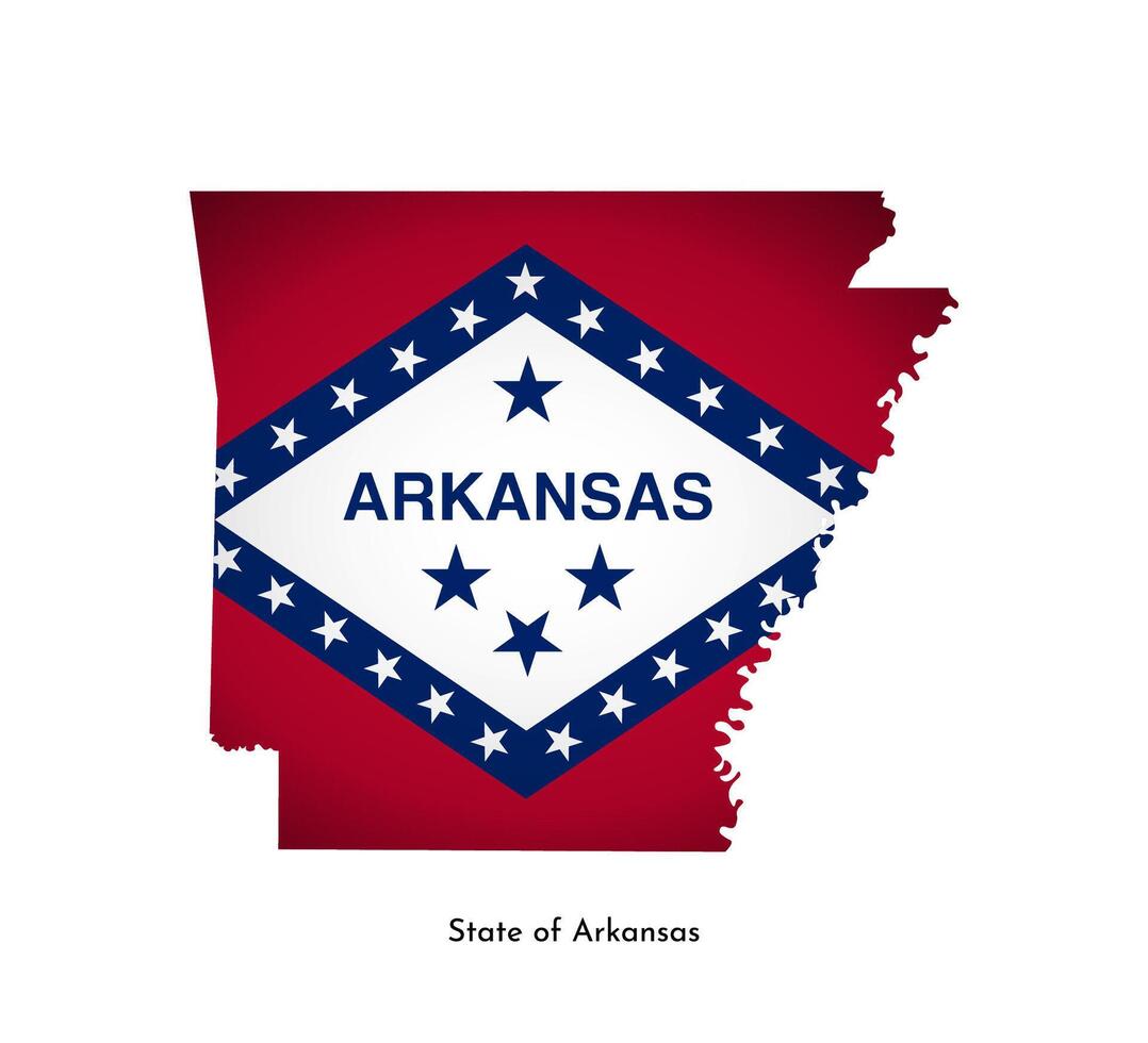 Vector isolated illustration with flag and simplified map of Arkansas, State of USA. Volume shadow on the map. White background.