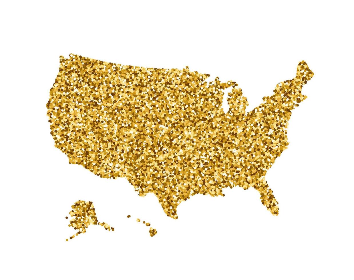 Vector isolated illustration with simplified USA map. Decorated by shiny gold glitter texture. Christmas and New Year holidays decoration for greeting card.