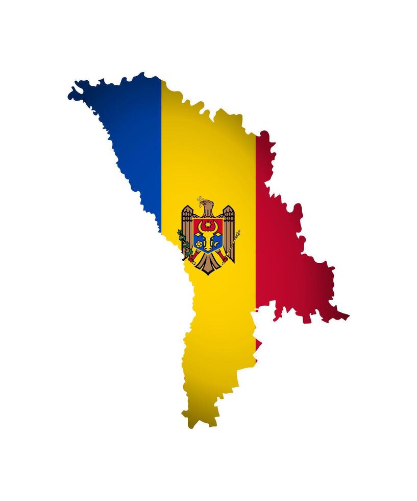 Vector isolated illustration with Republic of Moldova national flag with shape of simplified map. Volume shadow on the map. Tricolour with eagle holding shield. White background