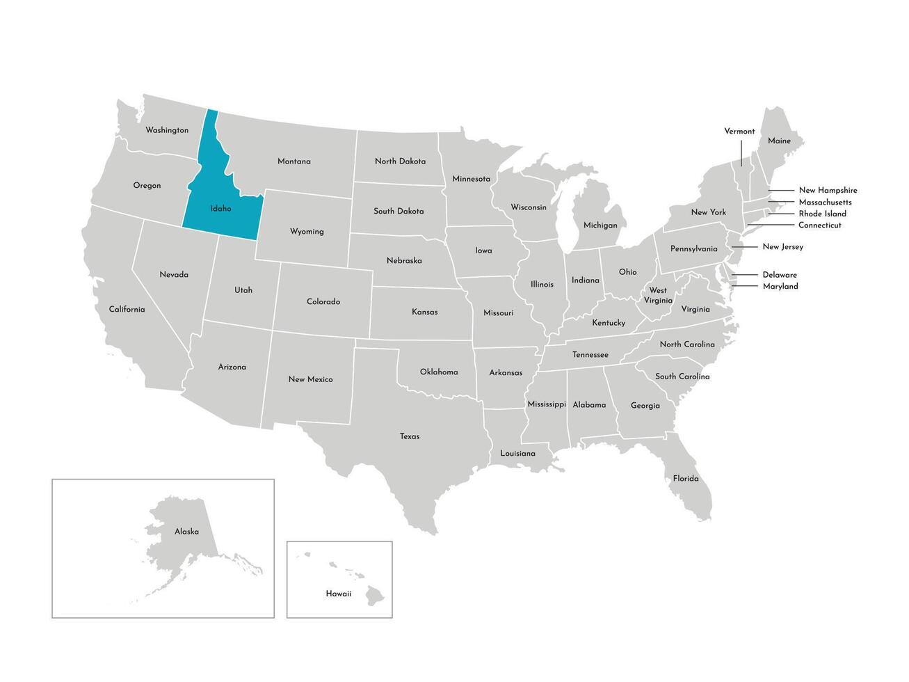 Vector isolated illustration of simplified administrative map of the USA. Borders of the states with names. Blue silhouette of Idaho, state.