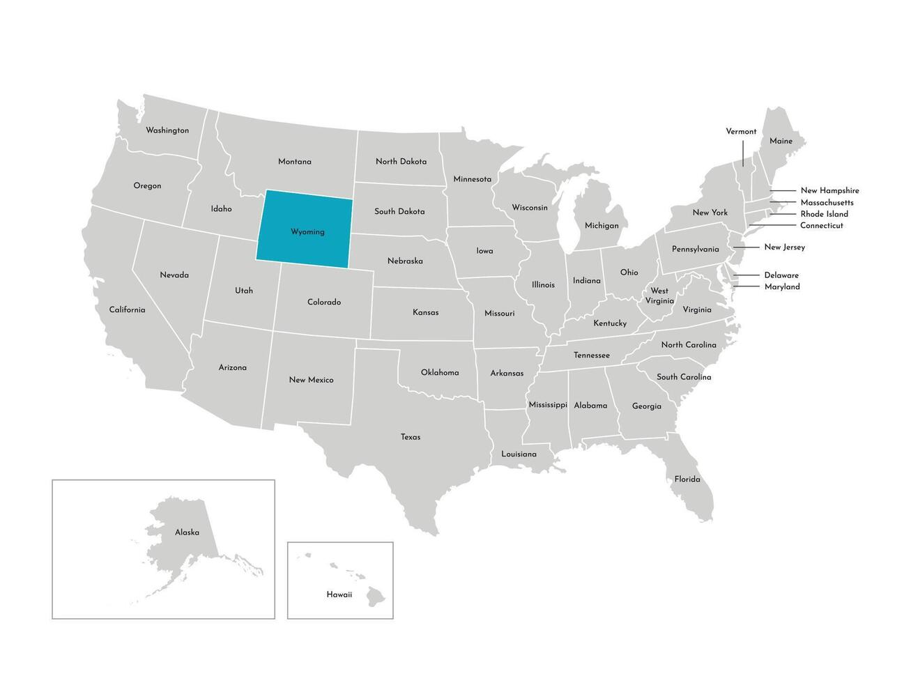 Vector isolated illustration of simplified administrative map of the USA. Borders of the states with names. Blue silhouette of Wyoming, state.