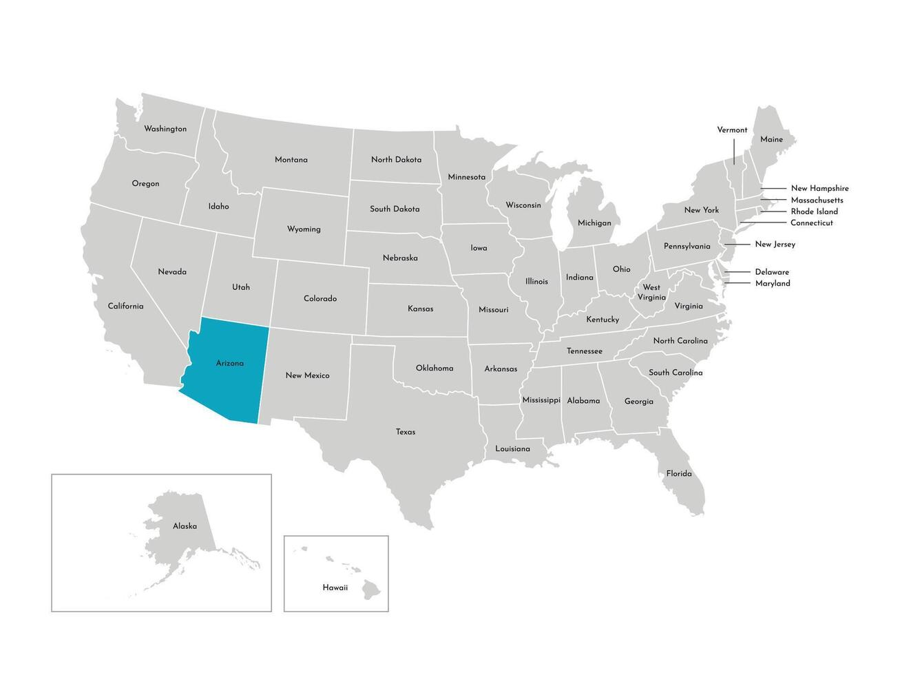Vector isolated illustration of simplified administrative map of the USA. Borders of the states with names. Blue silhouette of Arizona, state.