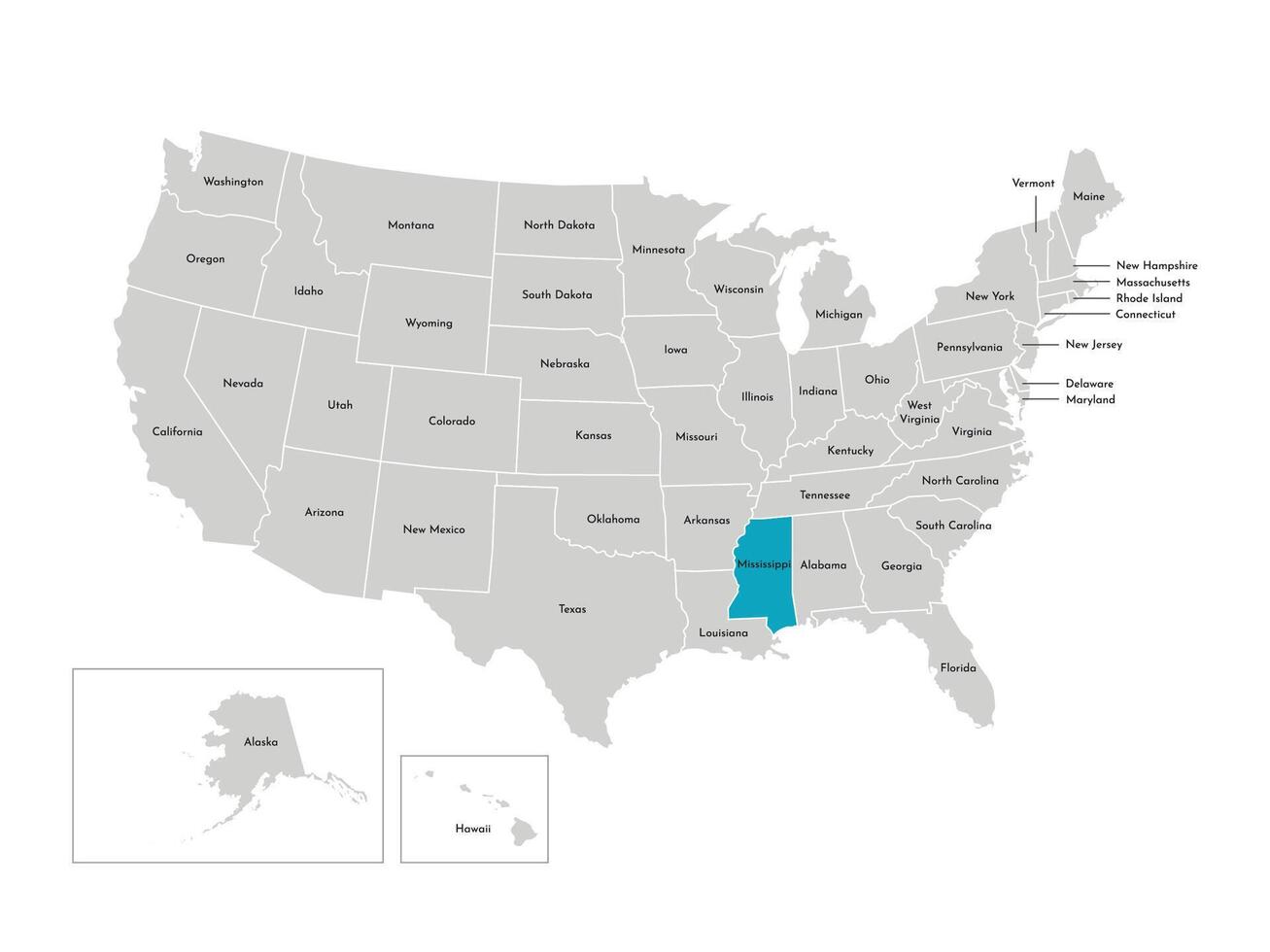 Vector isolated illustration of simplified administrative map of the USA. Borders of the states with names. Blue silhouette of Mississippi, state.