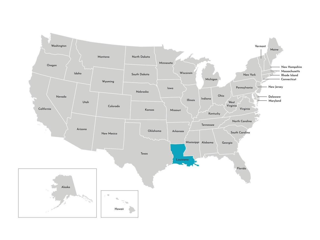 Vector isolated illustration of simplified administrative map of the USA. Borders of the states with names. Blue silhouette of Louisiana, state.