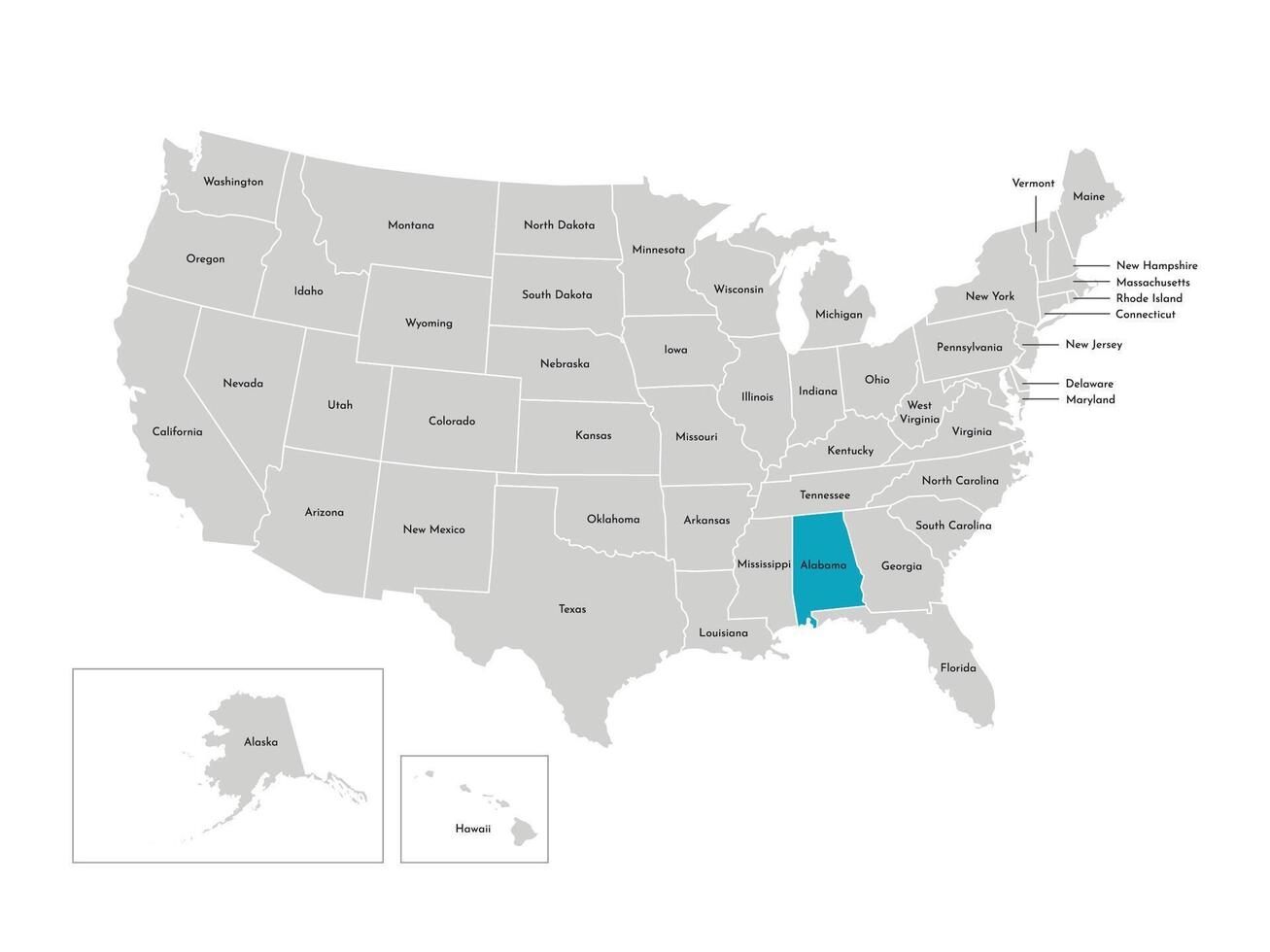 Vector isolated illustration of simplified administrative map of the USA. Borders of the states with names. Blue silhouette of Alabama, state.
