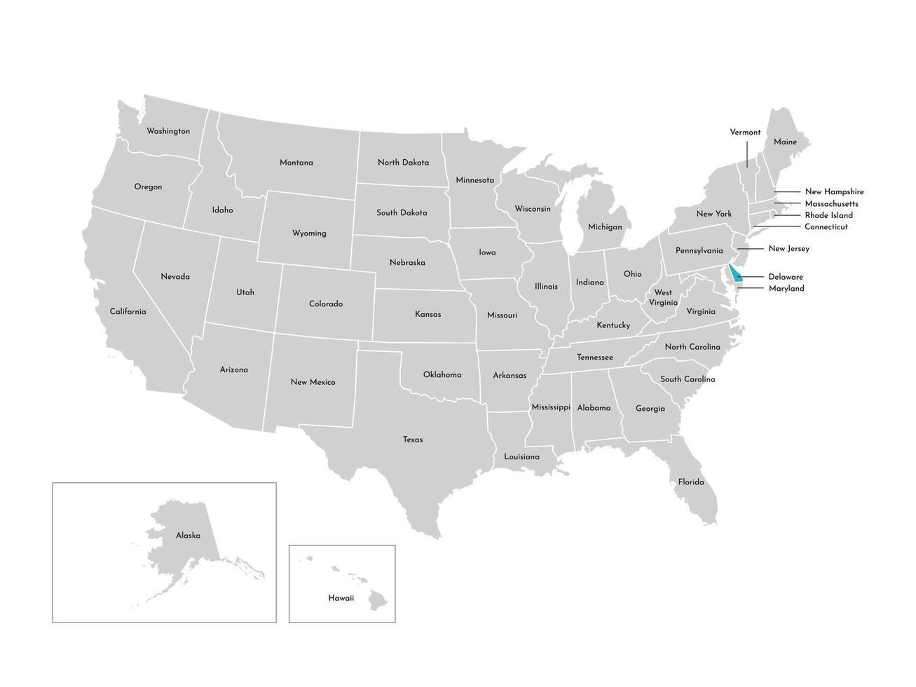 vector aislado ilustración de simplificado administrativo mapa de el EE.UU. fronteras de el estados con nombres azul silueta de Delaware, estado.