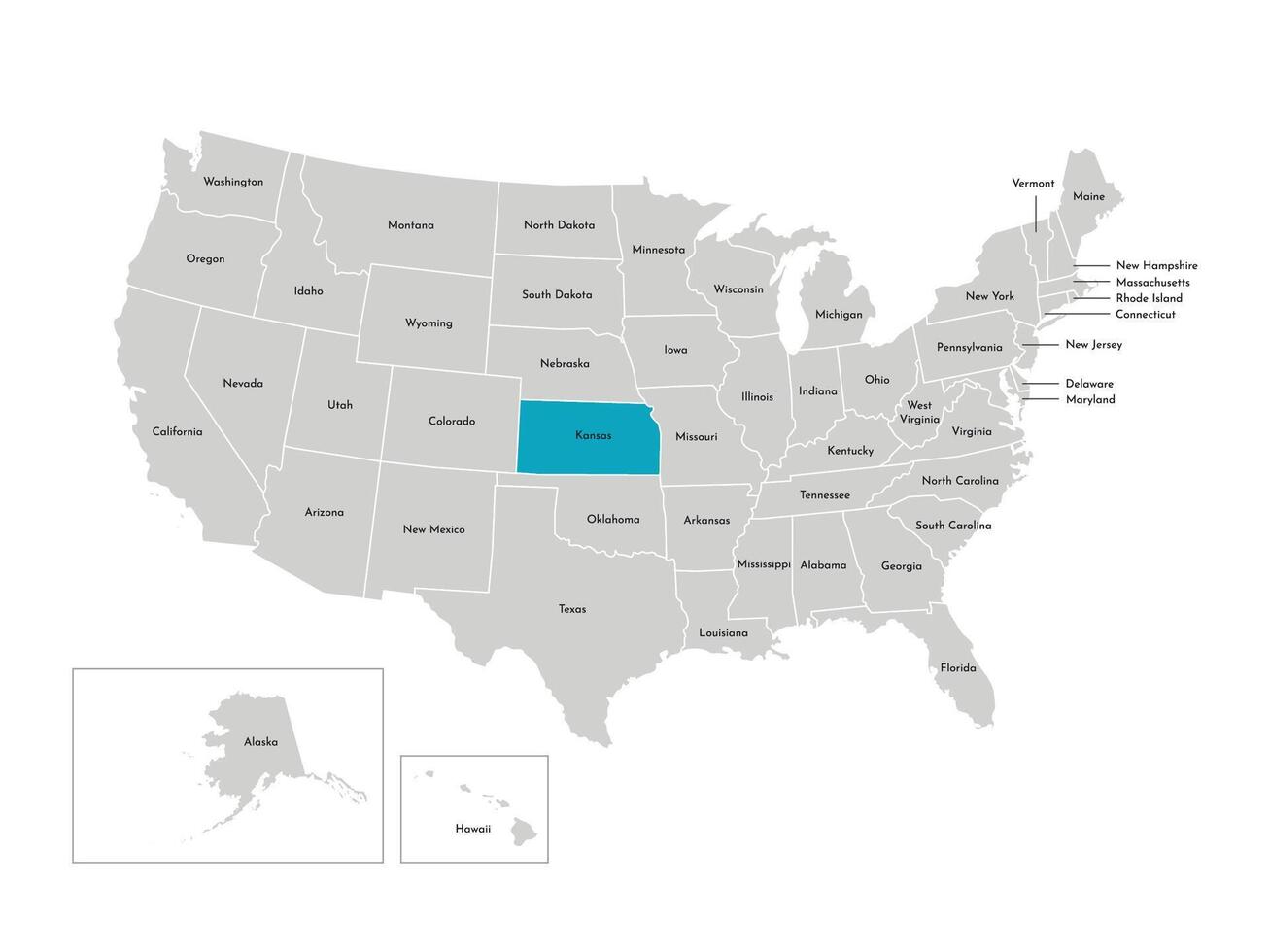 Vector isolated illustration of simplified administrative map of the USA. Borders of the states with names. Blue silhouette of Kansas, state.