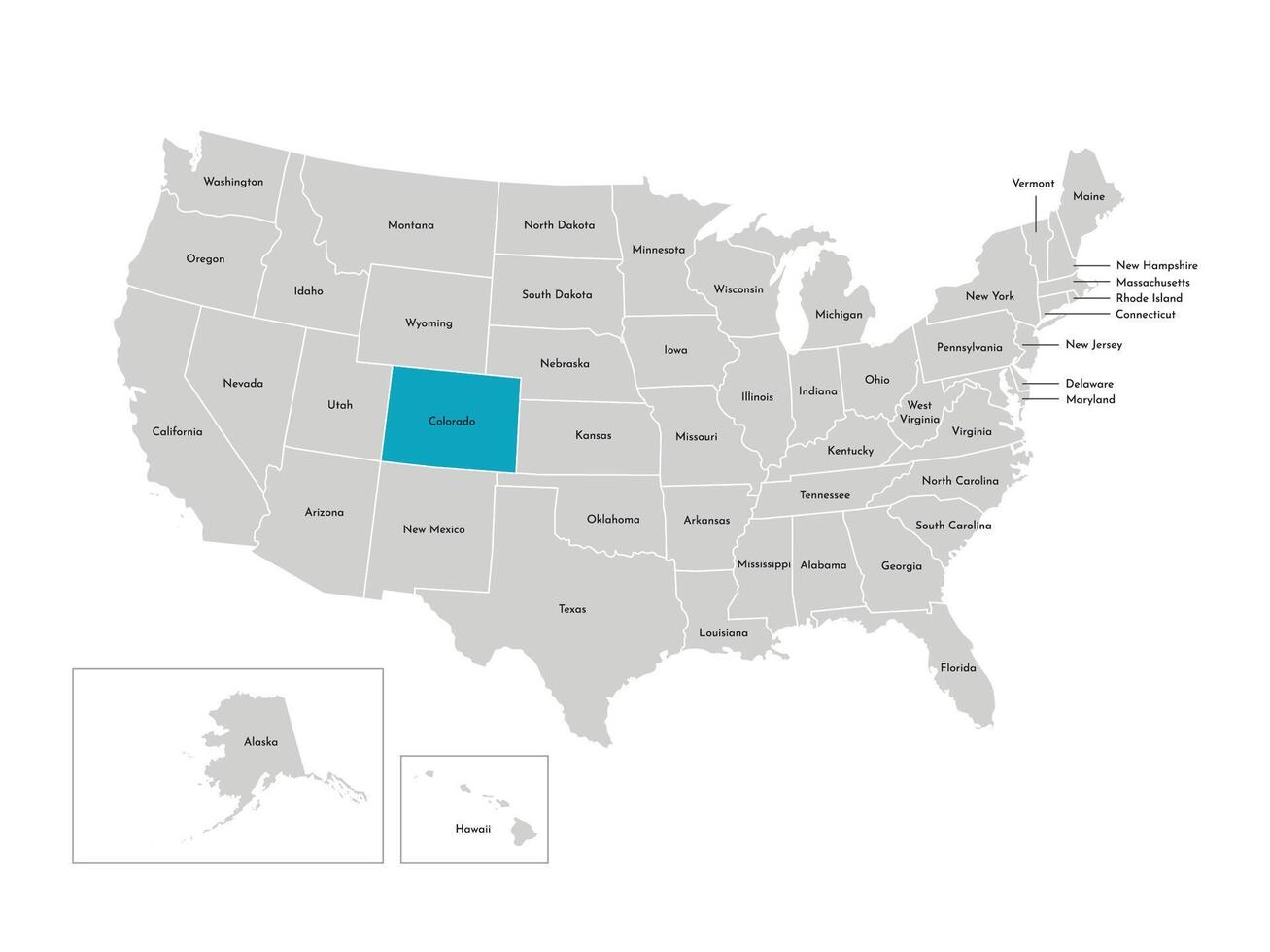 Vector isolated illustration of simplified administrative map of the USA. Borders of the states with names. Blue silhouette of Colorado, state.