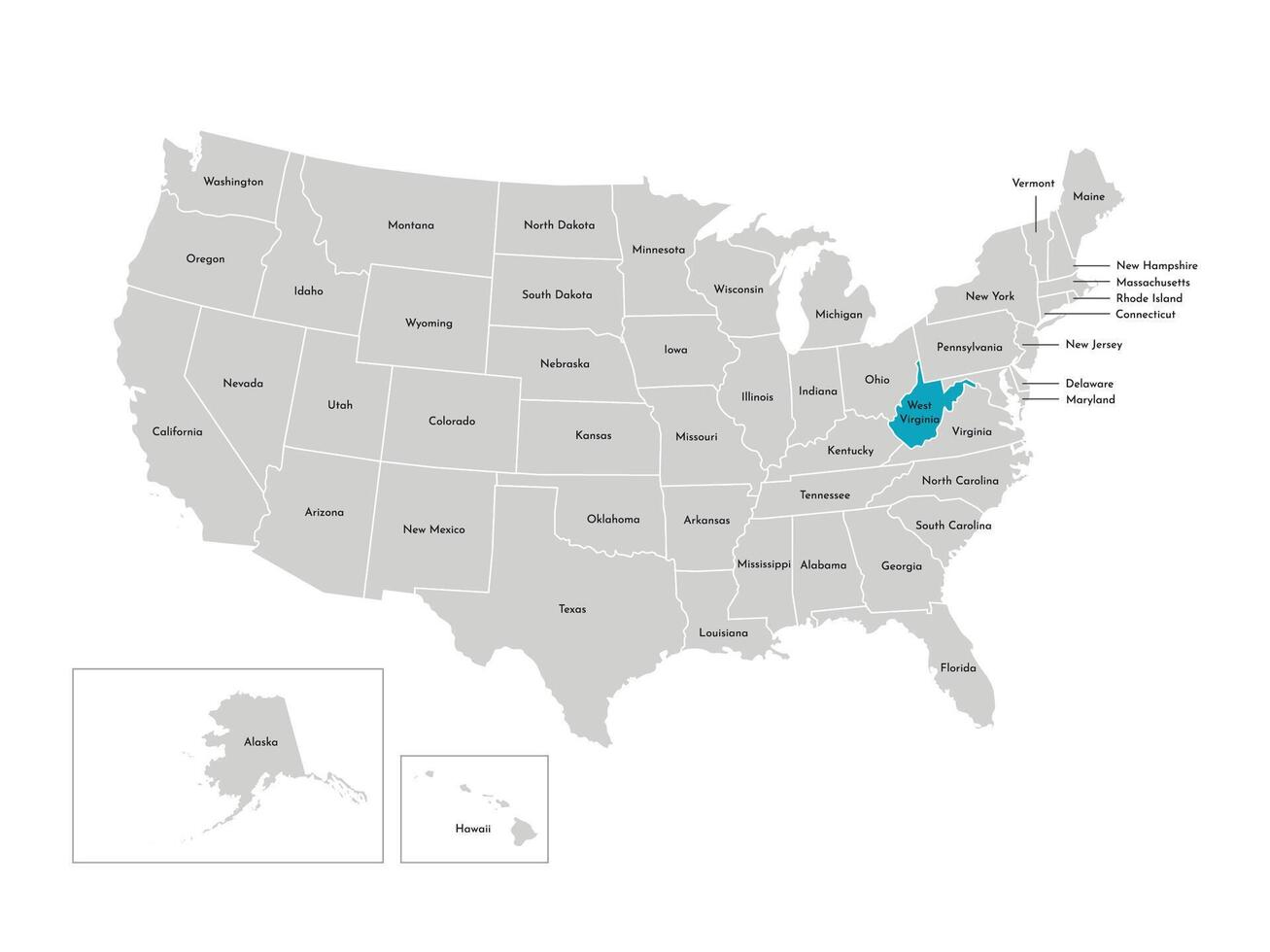 vector aislado ilustración de simplificado administrativo mapa de el EE.UU. fronteras de el estados con nombres azul silueta de Oeste Virginia, estado.